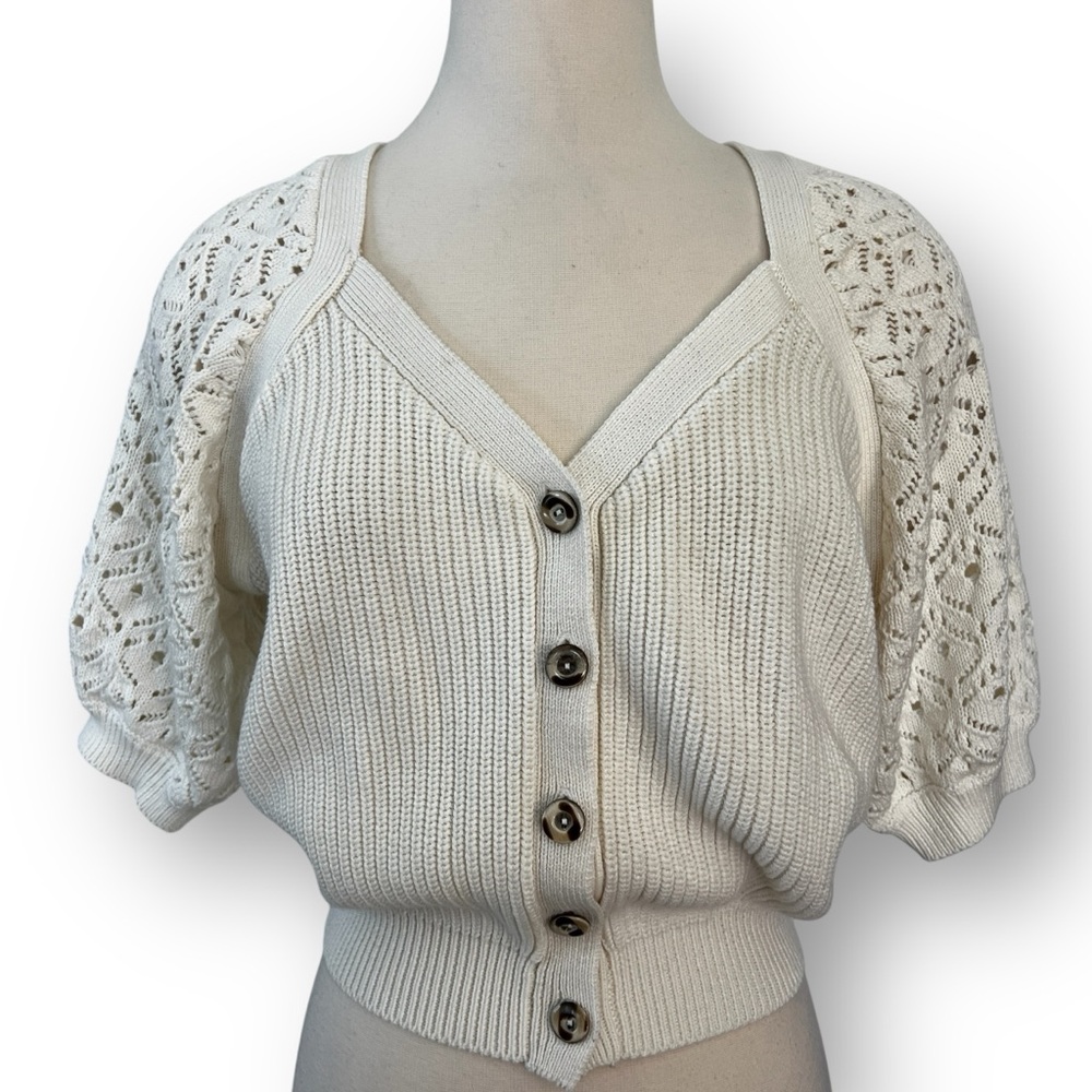 Grey State 100% Cotton Spa White Short Puff Sleeve Knitted Chloe Cardigan